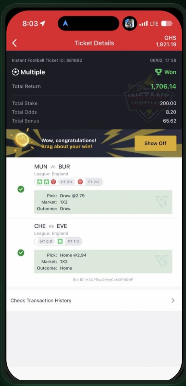 Winning instant football multiple ticket showing a GHS 1,706.14 total return
